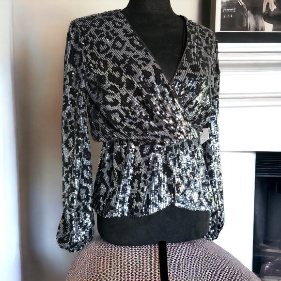 NWT SAYLOR ( SM ) Indya Blk/Silver Metallic Leopard Print Sequin Wrap Si… - Picture 6 of 11